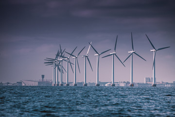 Wind turbines farm in Baltic Sea, Denmark