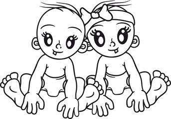 geschwister junge zwillinge freunde 2 paar team mädchen frau weiblich girl glücklich sitzend klein süß niedlich windel kind baby comic cartoon