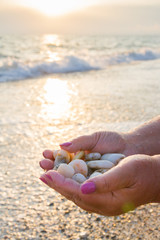 Sea stones in hands on the beach at sunset