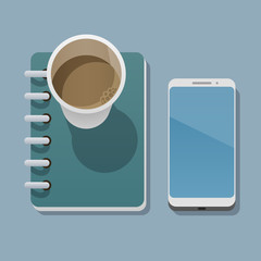 Coffee cup, modern smartphone and notepad is on a flat surface and casts a shadow on it. View from above. Vector illustration in a trendy flat style