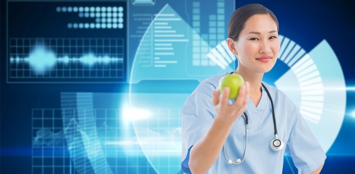 Composite image of smiling surgeon holding an apple with