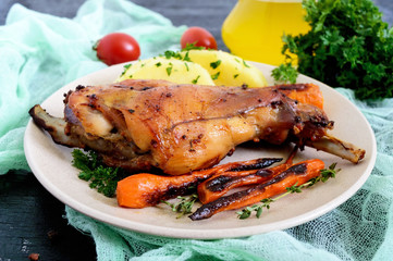 Fried rabbit leg, garnish of boiled potatoes, grilled carrots - on a plate on a dark background.