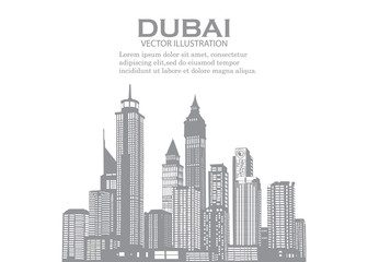 Dubai skyline with panorama in sky background. Vector Illustration. Business travel and tourism concept with modern buildings. Image for banner or web site.