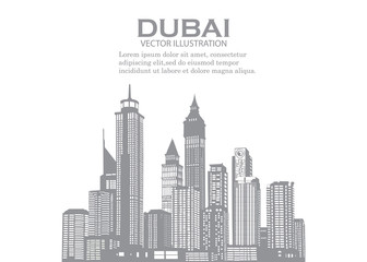 Fototapeta premium Dubai skyline with panorama in sky background. Vector Illustration. Business travel and tourism concept with modern buildings. Image for banner or web site.