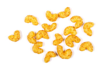 Salty snack with peanuts isolated on white background, top view