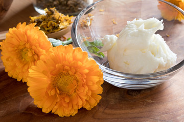 Calendula flowers with calendula cream in a glass bowl