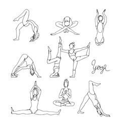 Woman in different yoga poses hand drawn sketch. Doodle yoga exercises.