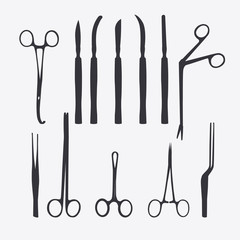 Surgeon instruments silhouettes isolated on white background. Medical tools silhouettes illustration.