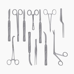Surgical instruments isolated on white background. Medical tools collection.
