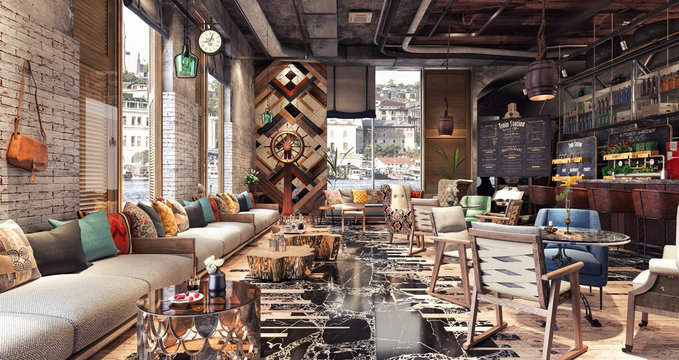 Concept design of modern Restaurant lounge bar "Train Station" 3D Rendering