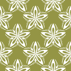 White floral seamless pattern on olive green background