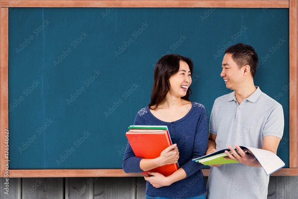 Poster composite image of couple smiling at each other while holding