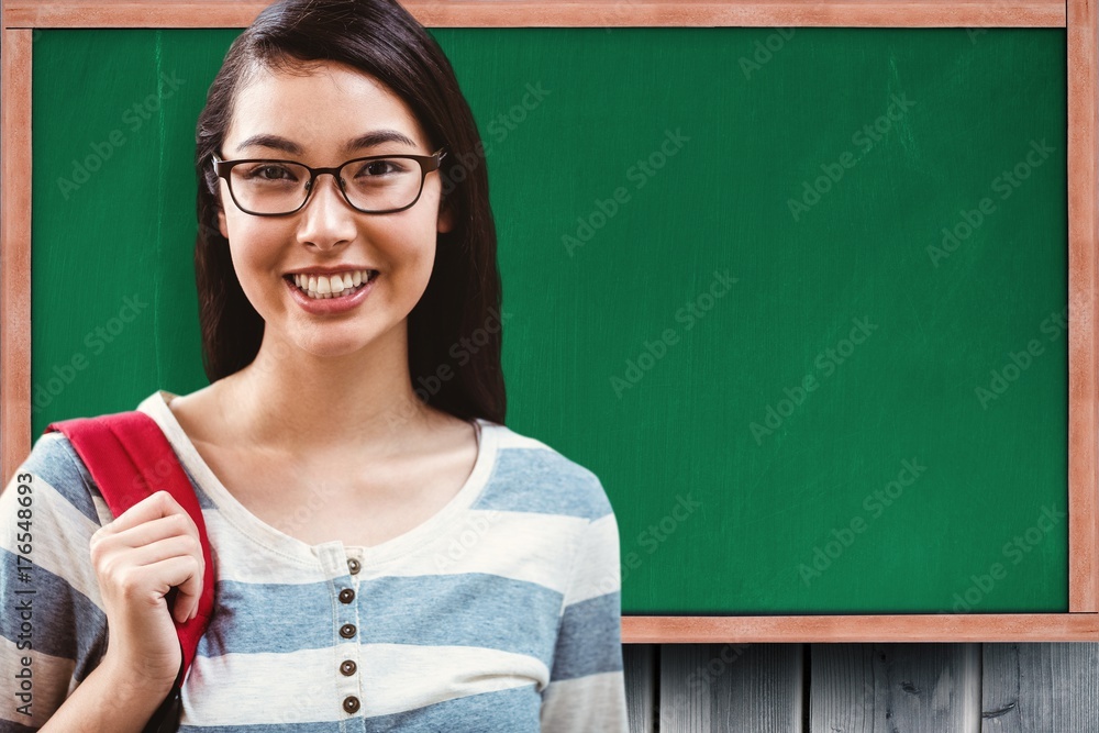 Poster composite image of smiling student with backpack standing in