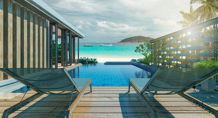 Sea view swimming pool in modern loft design,Luxury ocean Beach house