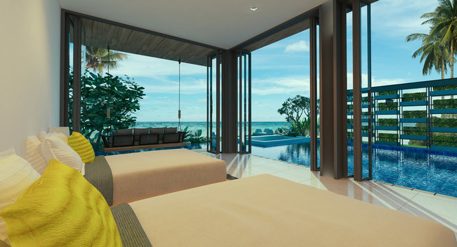 Sea view swimming pool in modern loft design,Luxury ocean Beach house