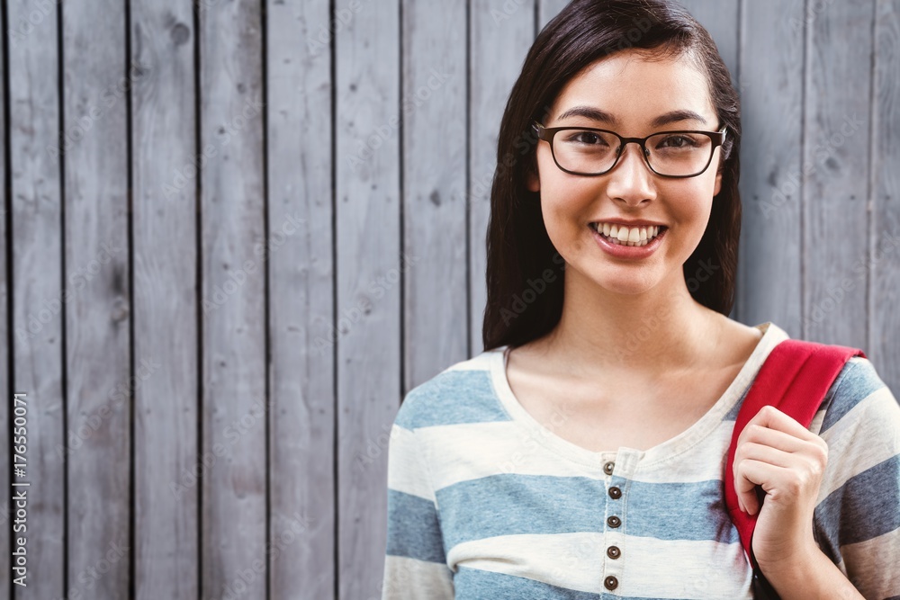 Poster composite image of smiling student with backpack standing in