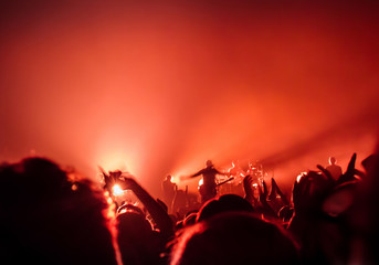 Blurred people silhouettes at a concert. the crowd dances and applauds the rock performers.