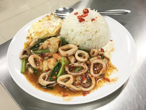 Stir-fried squid, shrimp and basil (spicy, chili taste) served with rice, fried egg, metal spoon & fork for homemade background or texture - Thailand Food concept.