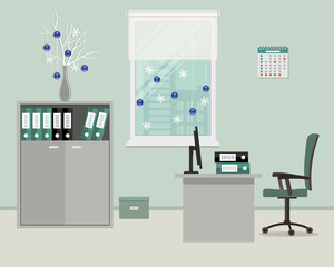 Workplace of office worker, decorated with Christmas decoration. There is a gray desk, a green chair, a computer, a cabinet with folders and other objects on a window background in the picture.Vector 