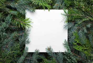 Christnas background made of christmas tree branches and paper card note. Top view, flat lay. Christmas concept.
