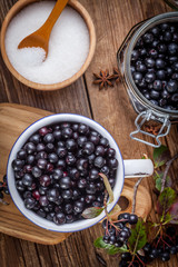 Fruits of black chokeberry prepared for processing.