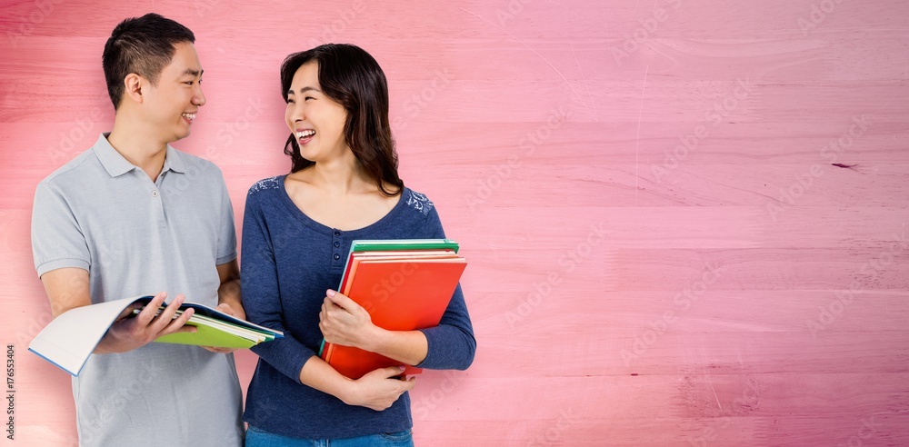 Poster composite image of couple smiling at each other while holding