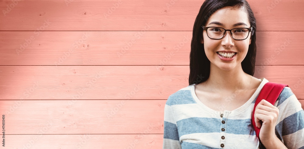 Poster composite image of smiling student with backpack standing in