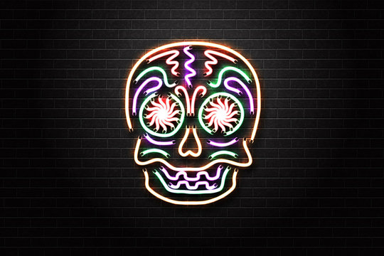 Vector realistic isolated neon sign for Dia de Muertos skull for decoration and covering on the wall background. Concept of Happy Day of the Dead in Mexico.