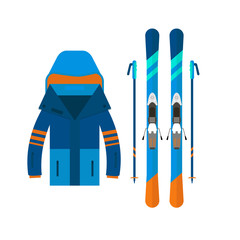 Winter sport icons jaket and skiing. Skiing and snowboarding set equipment