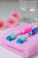 Two pink toothbrushes on a pink towel. Water in a glass beaker