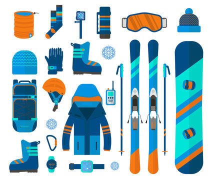 Winter sport icons collection. Skiing and snowboarding set equipment