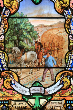 Paysan. Vitrail. Sancutaire Notre-Dame de la Salette. Peasant. Stained glass. Sancutary Our Lady of Salette.