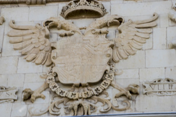 Shield Details of stone sculptures of the facade of the University of Alcalá de Henares. Madrid, Spain.