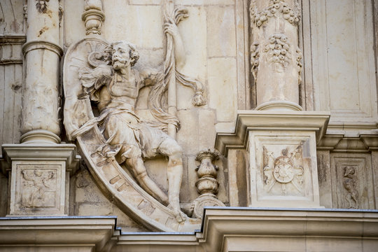 Details of stone sculptures of the facade of the University of Alcal&aacute; de Henares. Madrid, Spain.