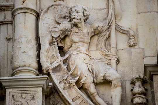 Details of stone sculptures of the facade of the University of Alcal&aacute; de Henares. Madrid, Spain.