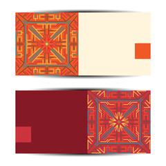 Blank of gift voucher on the beige and dark red background with pattern and color square.