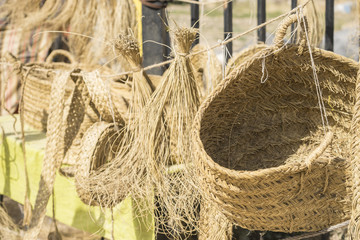 wicker baskets at a traditional medieval fair in Alcalá de Henares, Madrid, Spain