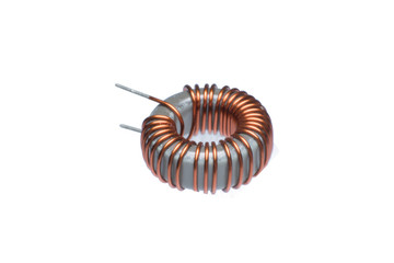 Close up inductor copper coils isolated on white background