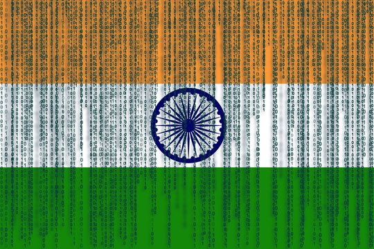 Data protection India flag. India flag with binary code.