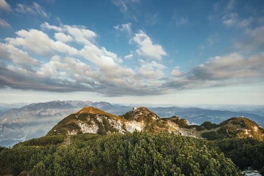 alpine austrain mountain scenery with panorama view - Traunstein
