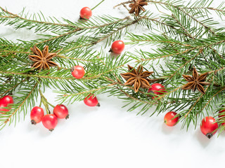 Naklejka na ściany i meble Christmas decorations on a white background, berries rose hips, stars, fir branches. copy space
