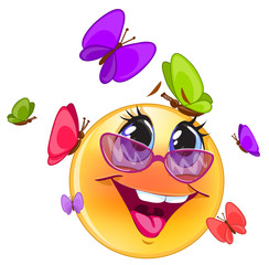 Naklejka premium Happy emoticon, with blue background for messenger and applicati