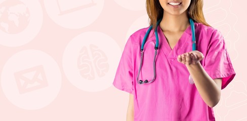 Composite image of asian nurse stretching out hand