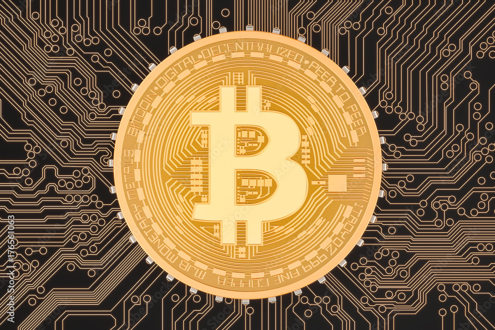 Poster bitcoin crypto currency concept with circuit board, 3d rendering
