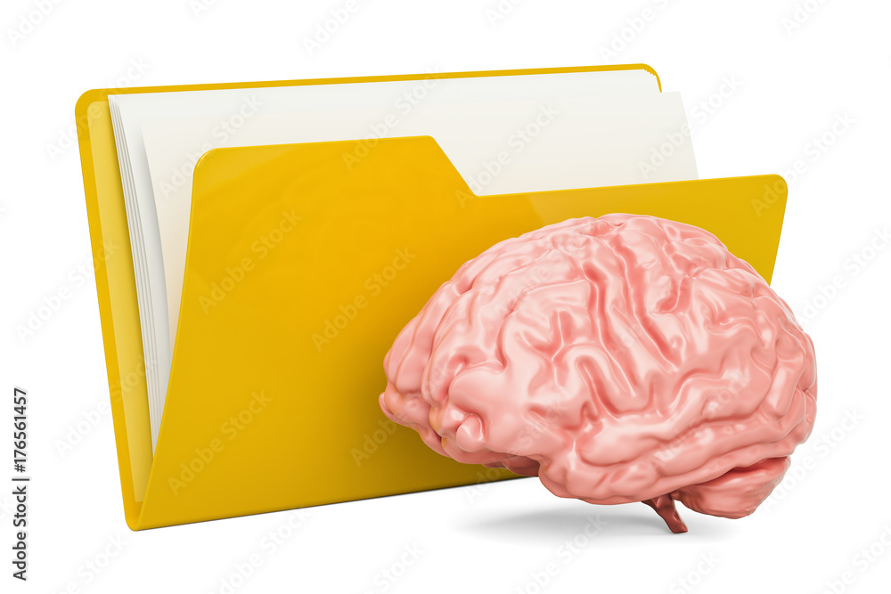 Poster folder computer icon with human brain, 3d rendering