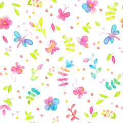 Happy and bright floral seamless pattern with hand drawn watercolor flowers and leaves