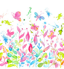 Obraz na płótnie Canvas Happy and bright floral seamless pattern with hand drawn watercolor flowers and leaves