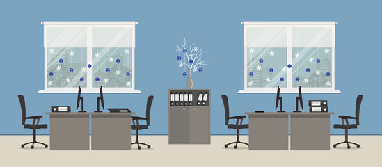 Blue office room, decorated with Christmas decoration. There are desks, chairs, computers, a cabinet with folders and other objects in the picture. Vector illustration
