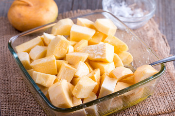 Prepared vegetables in a baking dish