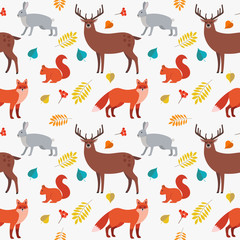 Seamless pattern of forest animals and plants: fox, deer, hare, squirrel and autumn leaves isolated on white background. Colorful vector background. Illustration of wild animals